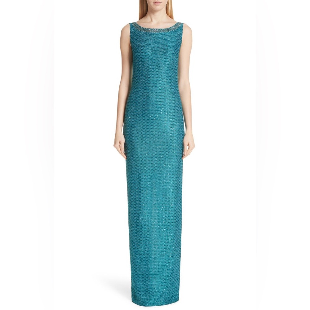 St John Shimmer Sleeveless Teal Knit Column Dress